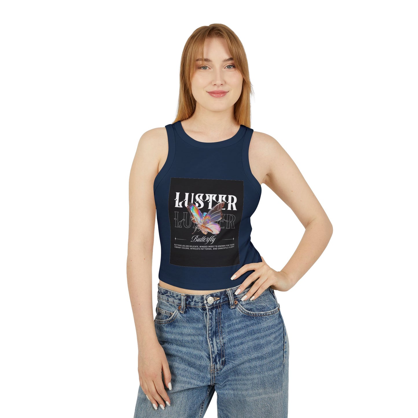 Luster Butterfly Racer Tank, Stylish Women's Crop Top, Summer Tank, Festival Wear, Casual Tank for Every Occasion