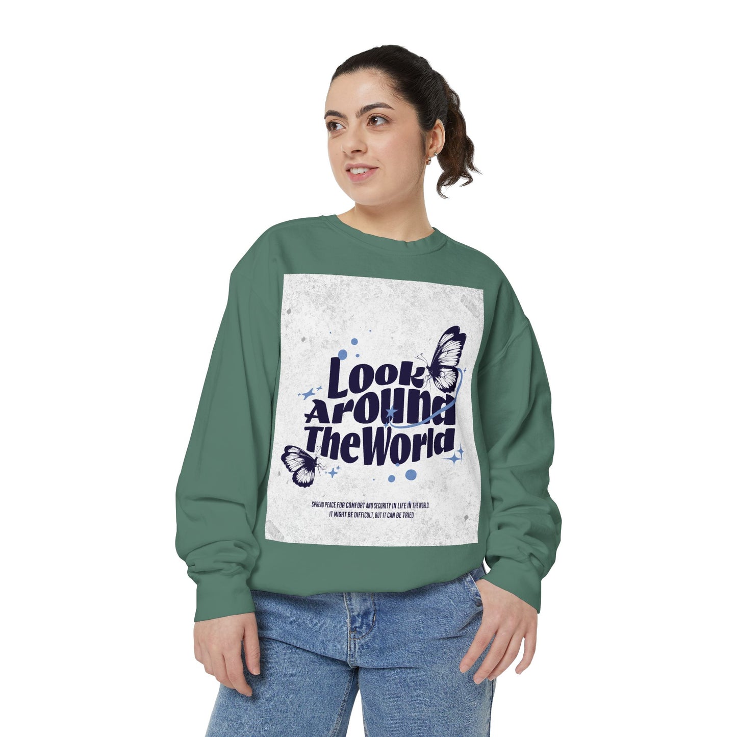 Garment-Dyed Sweatshirt featuring "Look Around the World" - Cozy Unisex Apparel, Perfect for Everyday Wear, Travel Lovers, Gift for [...]