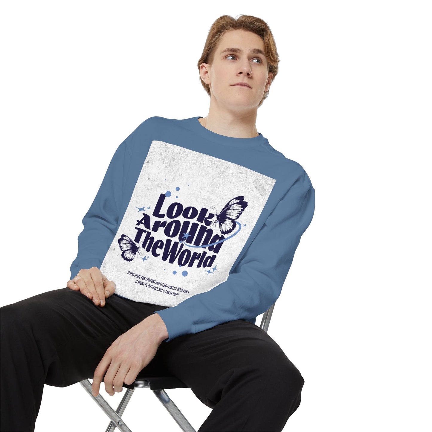 Garment-Dyed Sweatshirt featuring "Look Around the World" - Cozy Unisex Apparel, Perfect for Everyday Wear, Travel Lovers, Gift for [...]