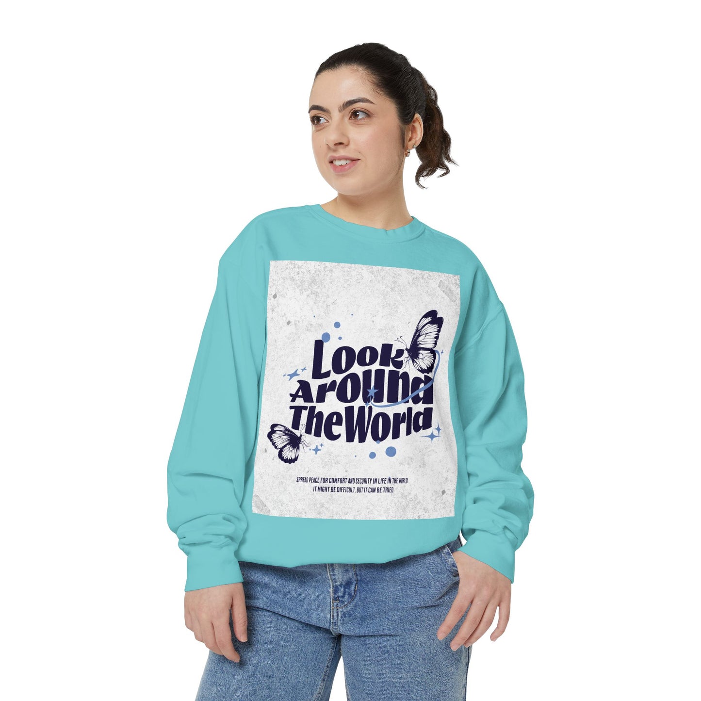 Garment-Dyed Sweatshirt featuring "Look Around the World" - Cozy Unisex Apparel, Perfect for Everyday Wear, Travel Lovers, Gift for [...]