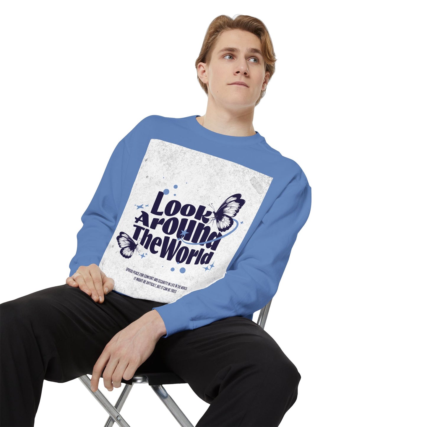 Garment-Dyed Sweatshirt featuring "Look Around the World" - Cozy Unisex Apparel, Perfect for Everyday Wear, Travel Lovers, Gift for [...]