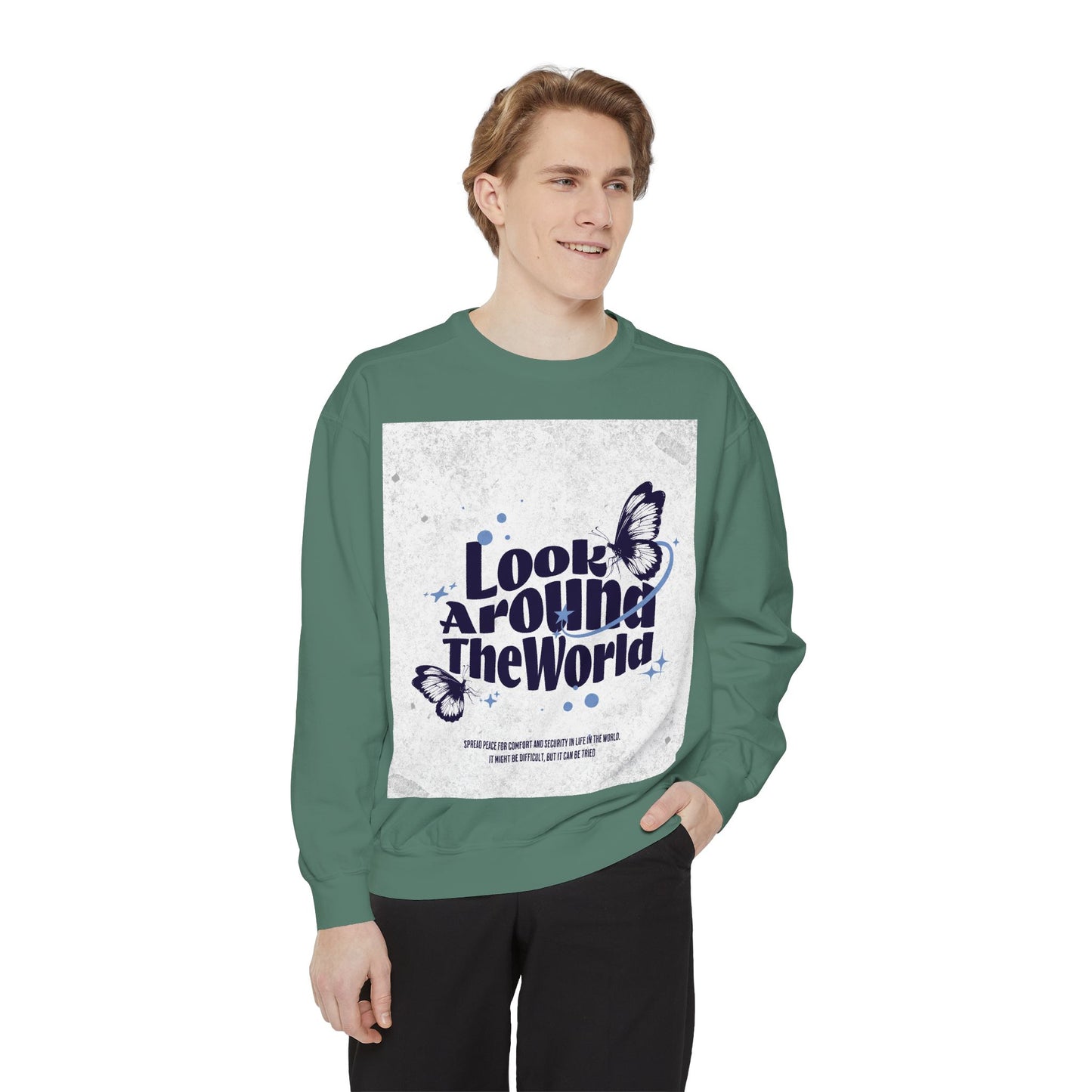 Garment-Dyed Sweatshirt featuring "Look Around the World" - Cozy Unisex Apparel, Perfect for Everyday Wear, Travel Lovers, Gift for [...]