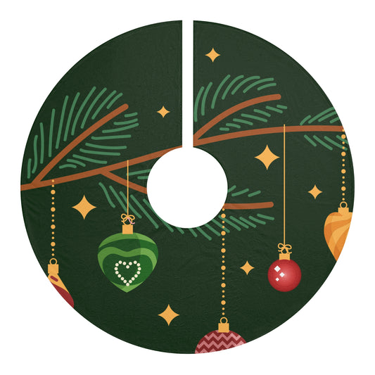 Festive Ornament Christmas Tree Skirt — Green Pine Branches & Hanging Baubles
