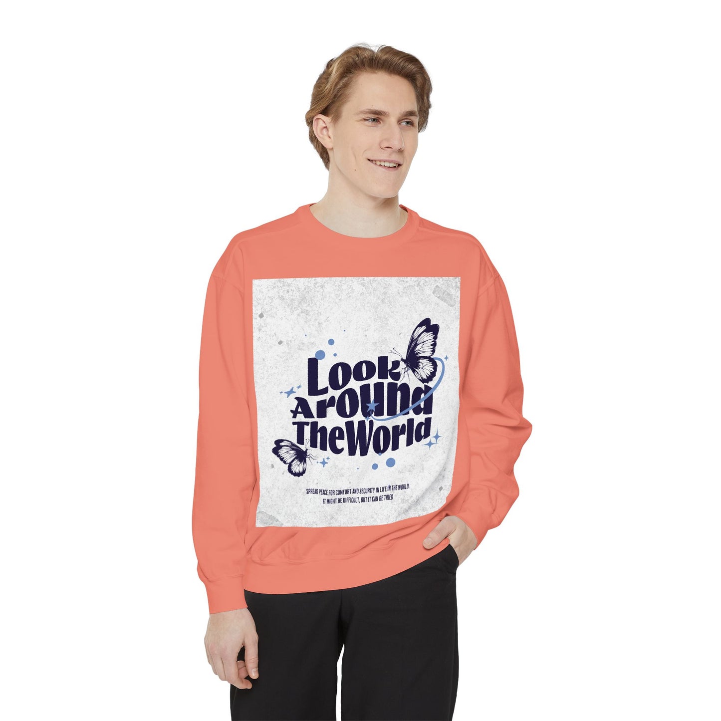 Garment-Dyed Sweatshirt featuring "Look Around the World" - Cozy Unisex Apparel, Perfect for Everyday Wear, Travel Lovers, Gift for [...]