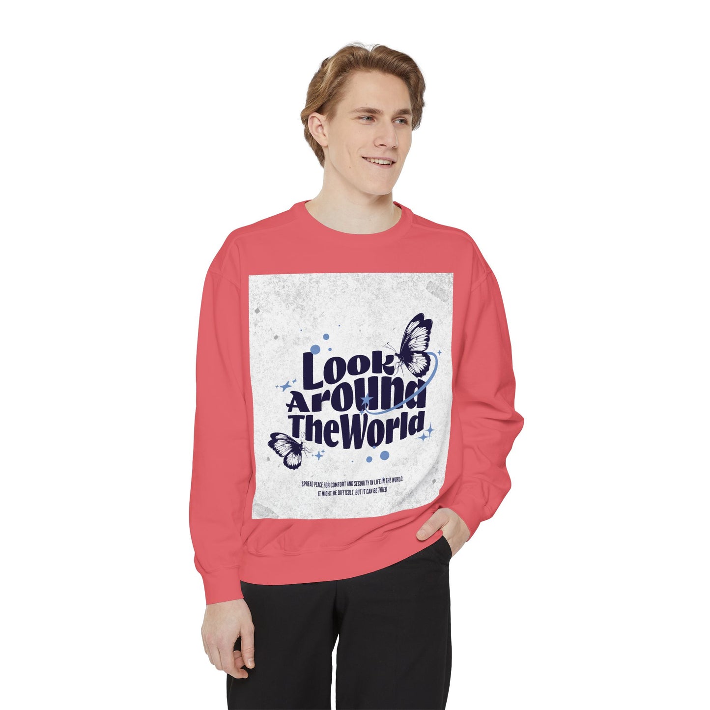 Garment-Dyed Sweatshirt featuring "Look Around the World" - Cozy Unisex Apparel, Perfect for Everyday Wear, Travel Lovers, Gift for [...]