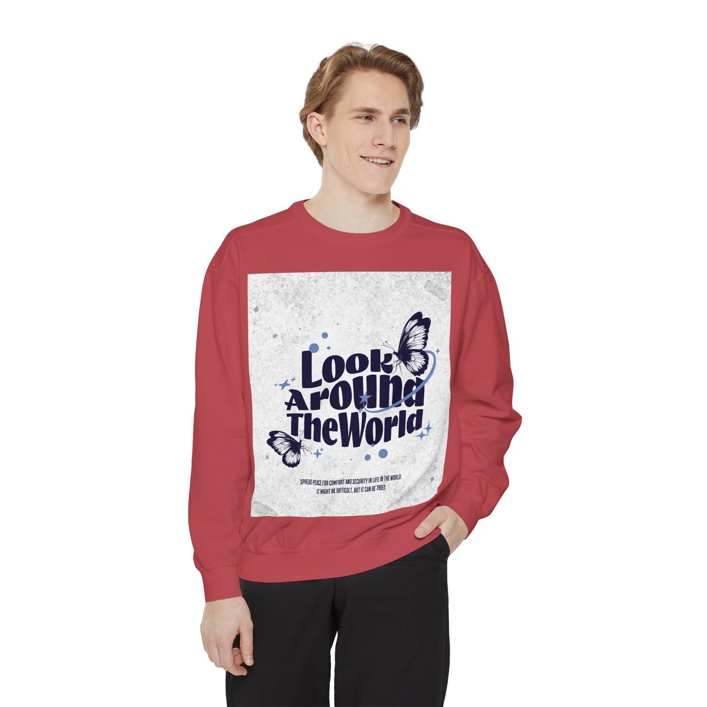 Garment-Dyed Sweatshirt featuring "Look Around the World" - Cozy Unisex Apparel, Perfect for Everyday Wear, Travel Lovers, Gift for [...]