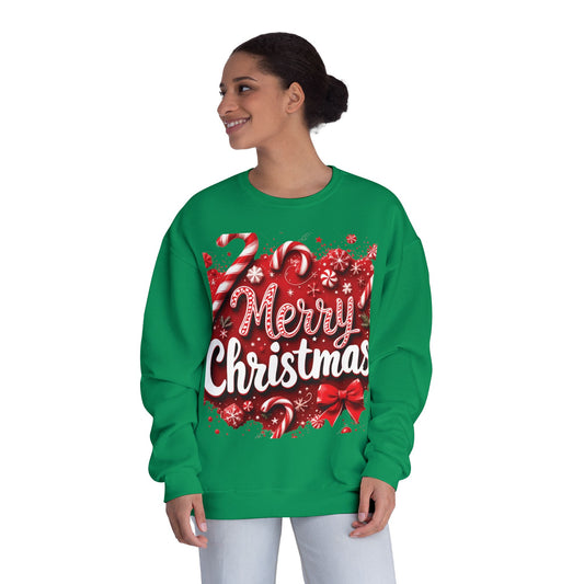 Christmas Crewneck Sweatshirt — Red Candy Cane "Merry Christmas" Holiday Sweater