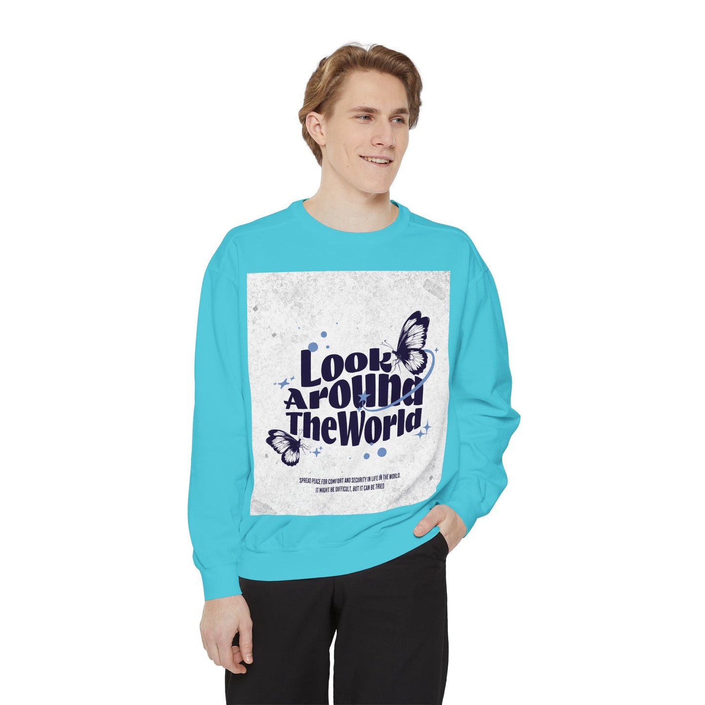 Garment-Dyed Sweatshirt featuring "Look Around the World" - Cozy Unisex Apparel, Perfect for Everyday Wear, Travel Lovers, Gift for [...]