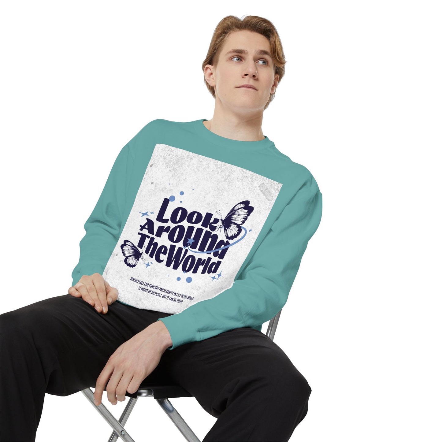 Garment-Dyed Sweatshirt featuring "Look Around the World" - Cozy Unisex Apparel, Perfect for Everyday Wear, Travel Lovers, Gift for [...]