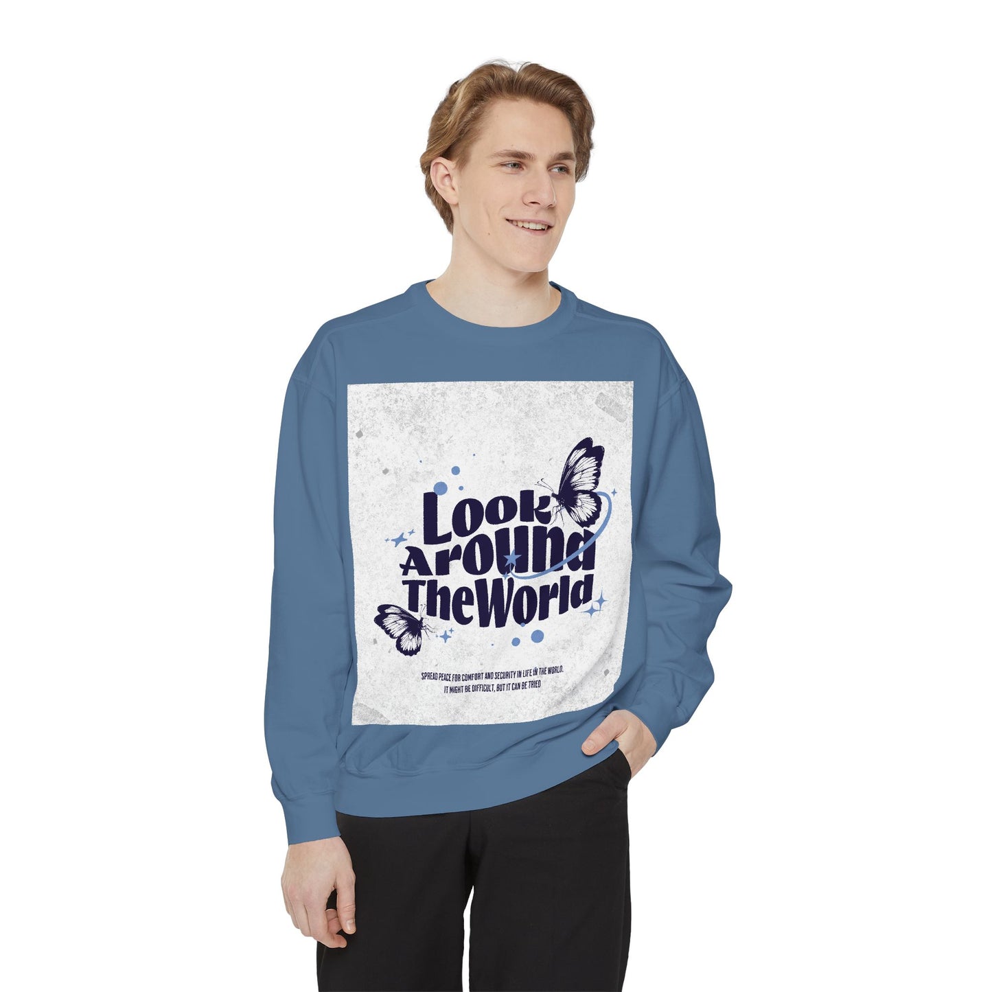 Garment-Dyed Sweatshirt featuring "Look Around the World" - Cozy Unisex Apparel, Perfect for Everyday Wear, Travel Lovers, Gift for [...]