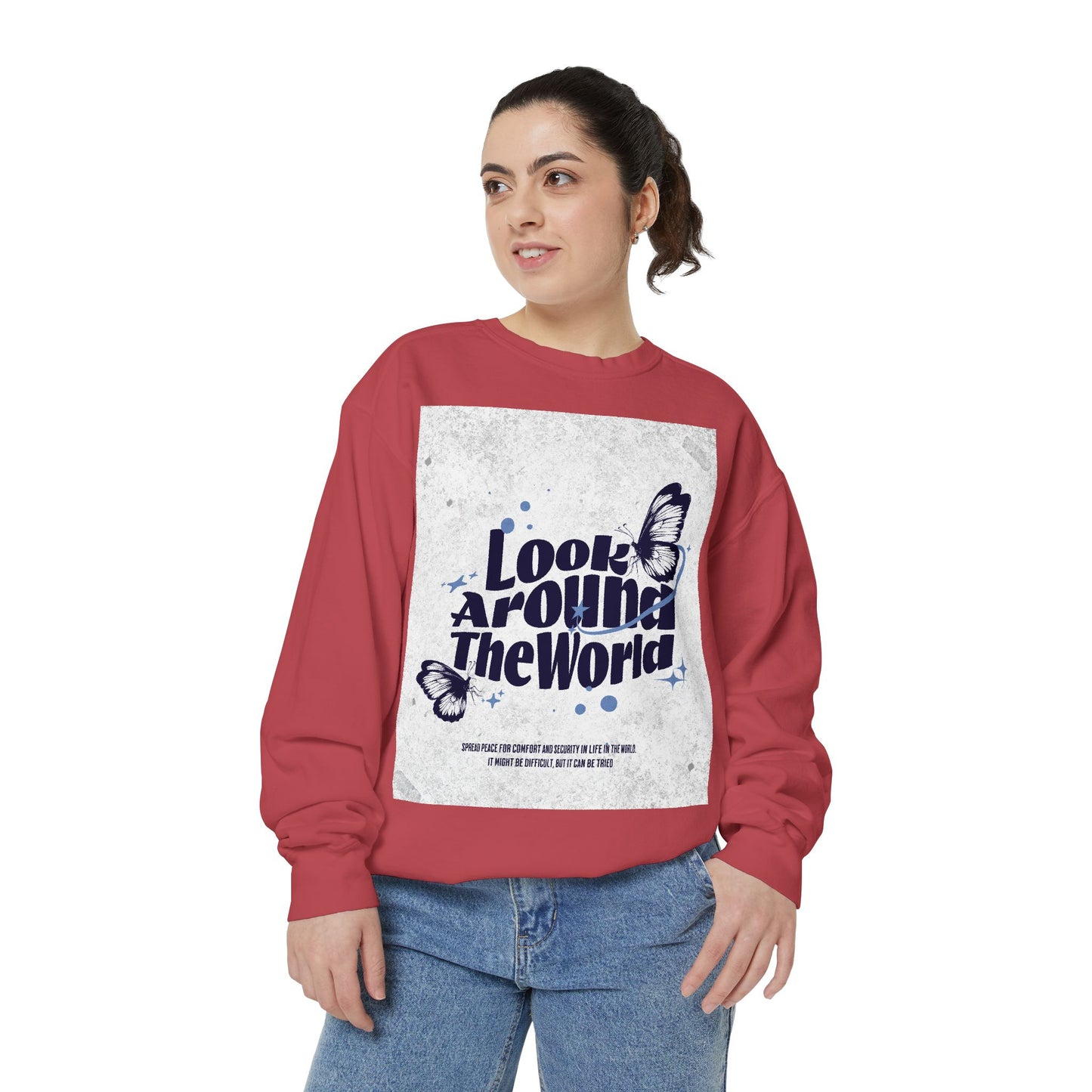 Garment-Dyed Sweatshirt featuring "Look Around the World" - Cozy Unisex Apparel, Perfect for Everyday Wear, Travel Lovers, Gift for [...]