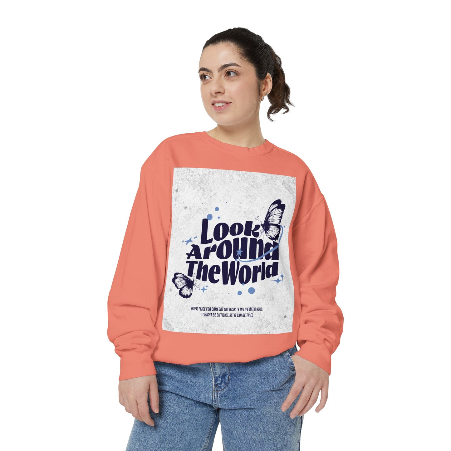 Garment-Dyed Sweatshirt featuring "Look Around the World" - Cozy Unisex Apparel, Perfect for Everyday Wear, Travel Lovers, Gift for [...]