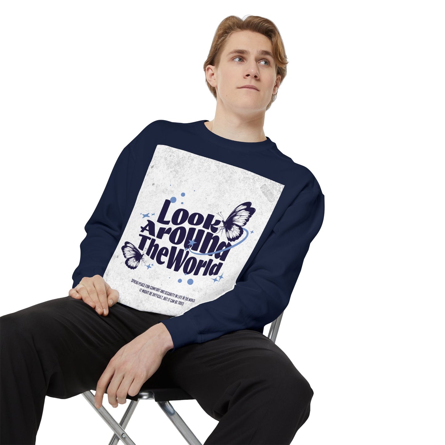 Garment-Dyed Sweatshirt featuring "Look Around the World" - Cozy Unisex Apparel, Perfect for Everyday Wear, Travel Lovers, Gift for [...]