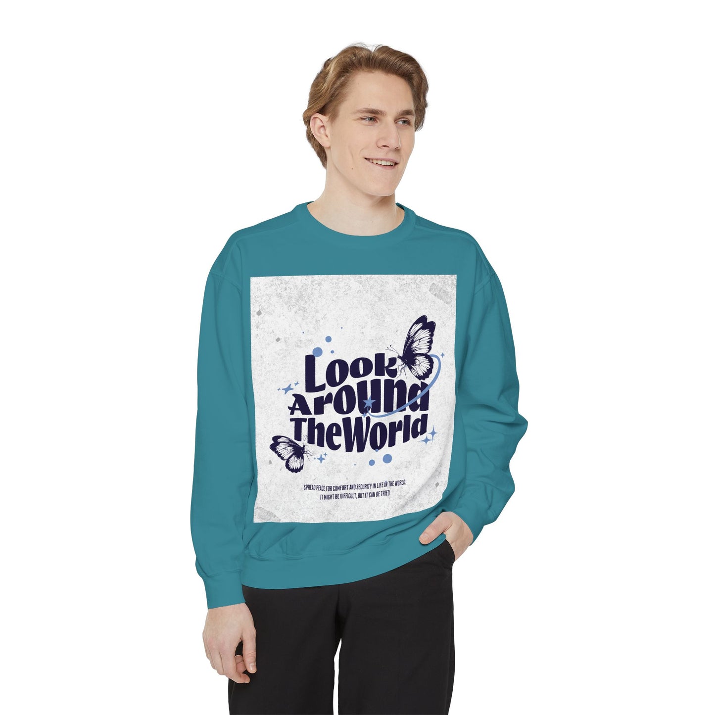 Garment-Dyed Sweatshirt featuring "Look Around the World" - Cozy Unisex Apparel, Perfect for Everyday Wear, Travel Lovers, Gift for [...]