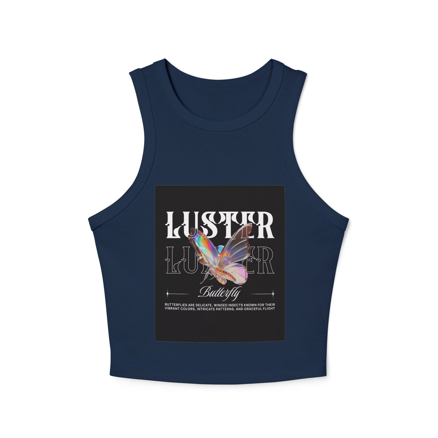 Luster Butterfly Racer Tank, Stylish Women's Crop Top, Summer Tank, Festival Wear, Casual Tank for Every Occasion