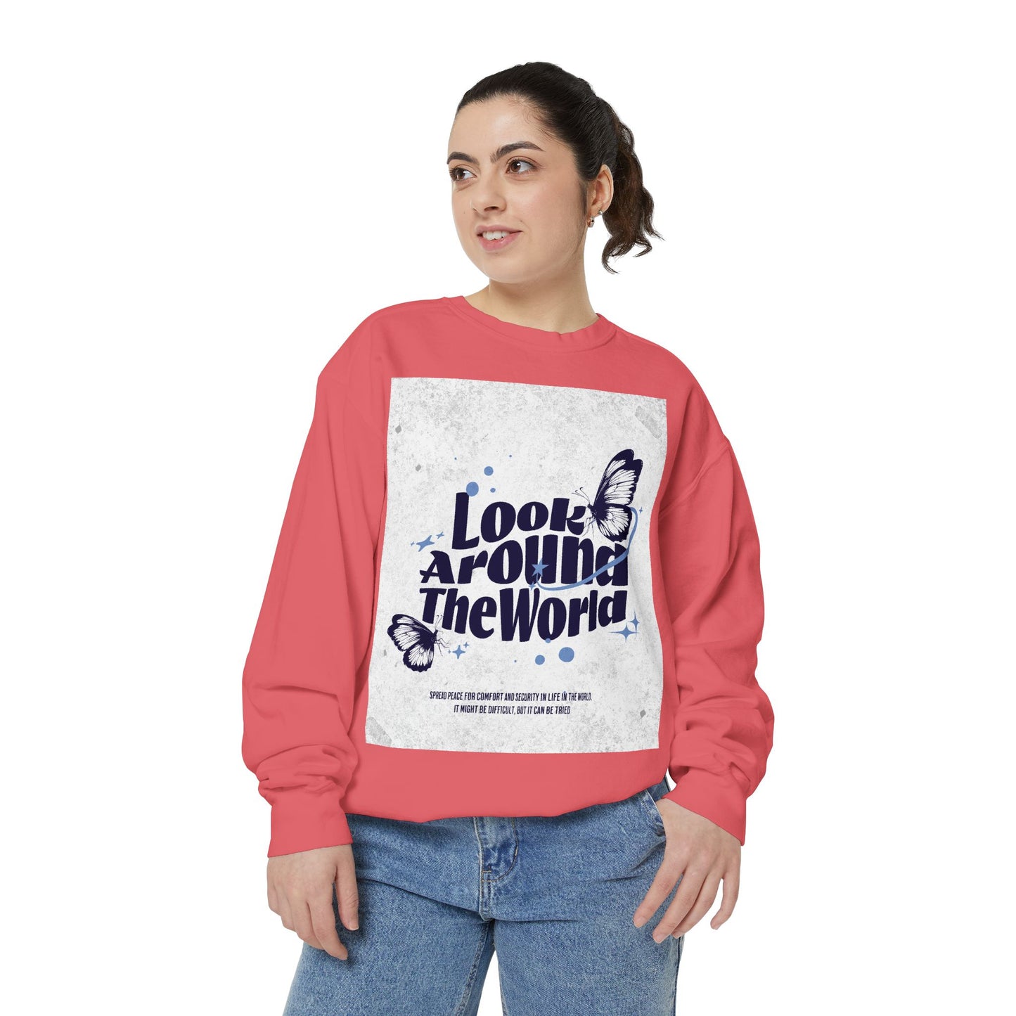 Garment-Dyed Sweatshirt featuring "Look Around the World" - Cozy Unisex Apparel, Perfect for Everyday Wear, Travel Lovers, Gift for [...]
