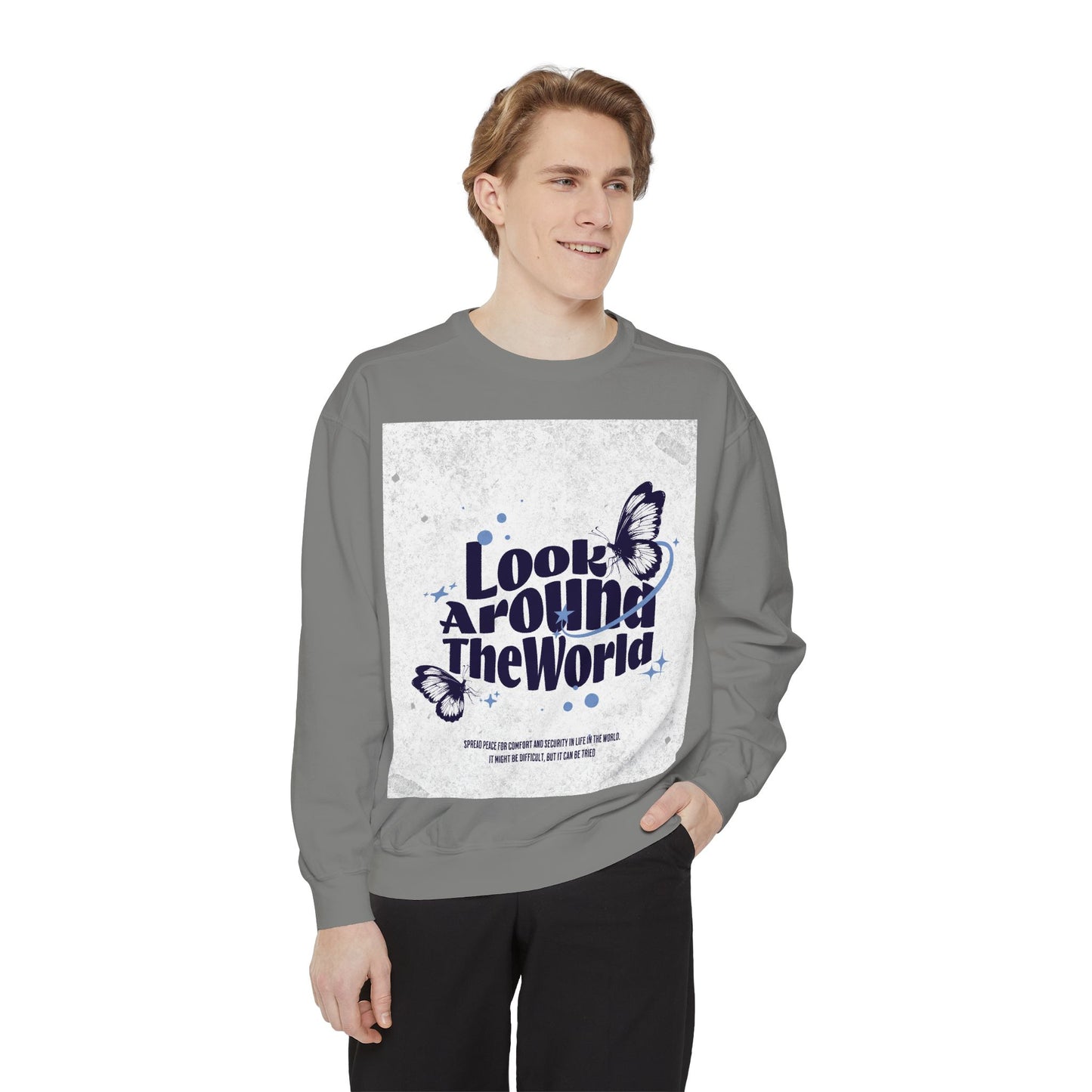 Garment-Dyed Sweatshirt featuring "Look Around the World" - Cozy Unisex Apparel, Perfect for Everyday Wear, Travel Lovers, Gift for [...]