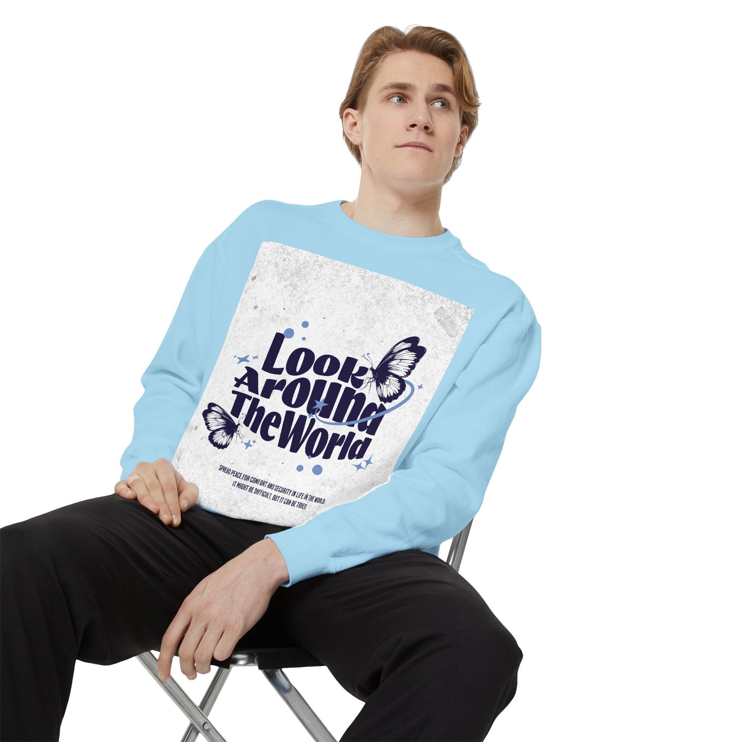 Garment-Dyed Sweatshirt featuring "Look Around the World" - Cozy Unisex Apparel, Perfect for Everyday Wear, Travel Lovers, Gift for [...]