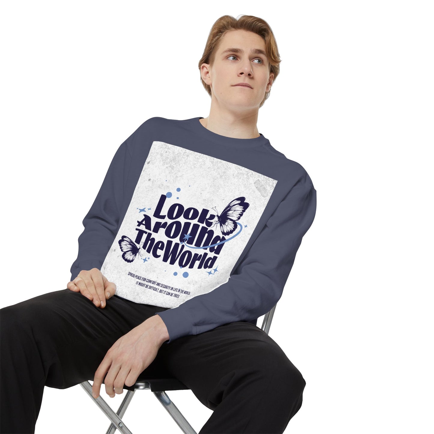 Garment-Dyed Sweatshirt featuring "Look Around the World" - Cozy Unisex Apparel, Perfect for Everyday Wear, Travel Lovers, Gift for [...]