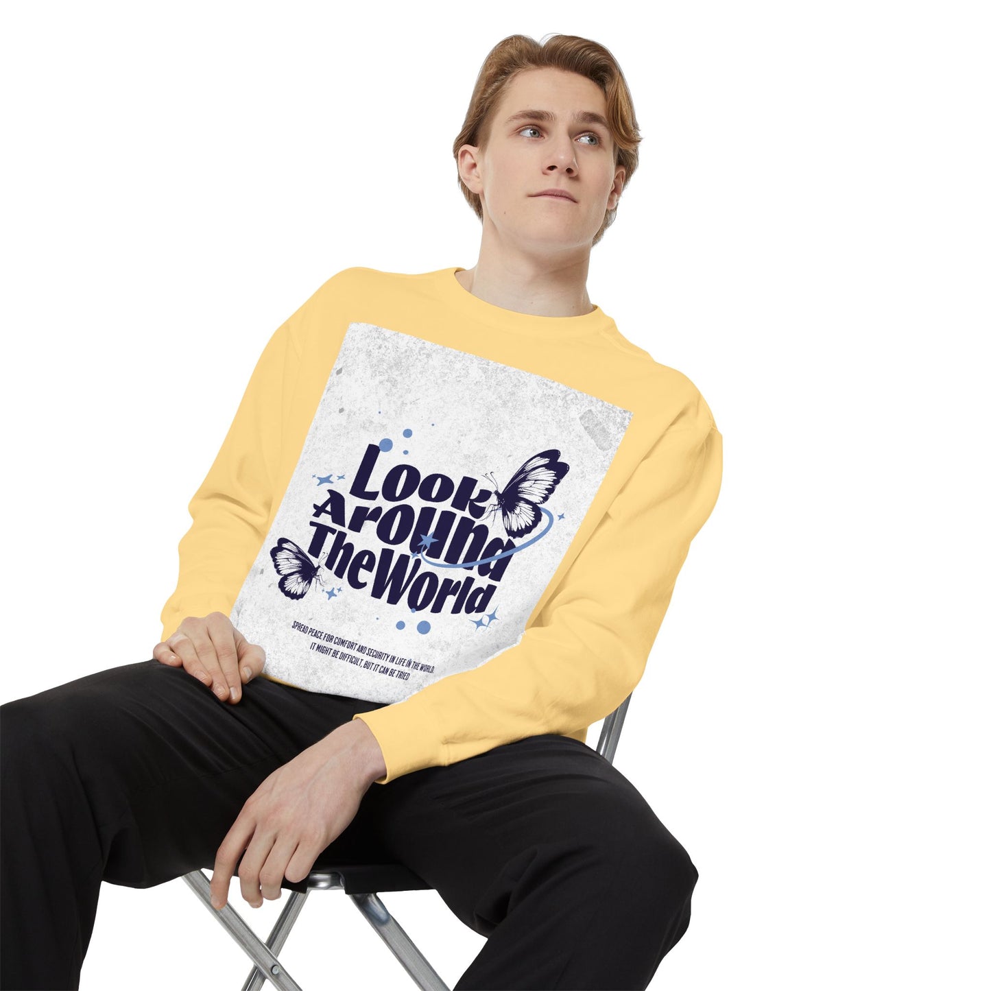Garment-Dyed Sweatshirt featuring "Look Around the World" - Cozy Unisex Apparel, Perfect for Everyday Wear, Travel Lovers, Gift for [...]
