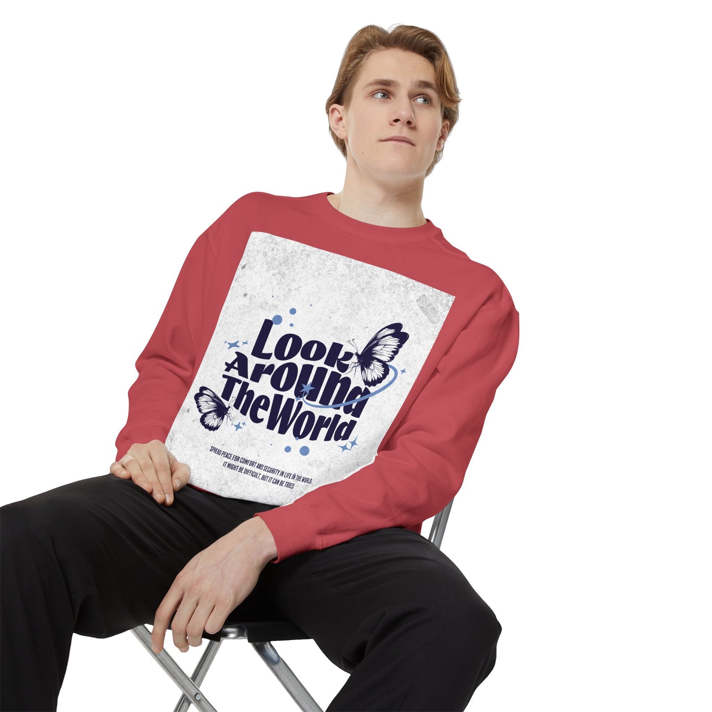 Garment-Dyed Sweatshirt featuring "Look Around the World" - Cozy Unisex Apparel, Perfect for Everyday Wear, Travel Lovers, Gift for [...]