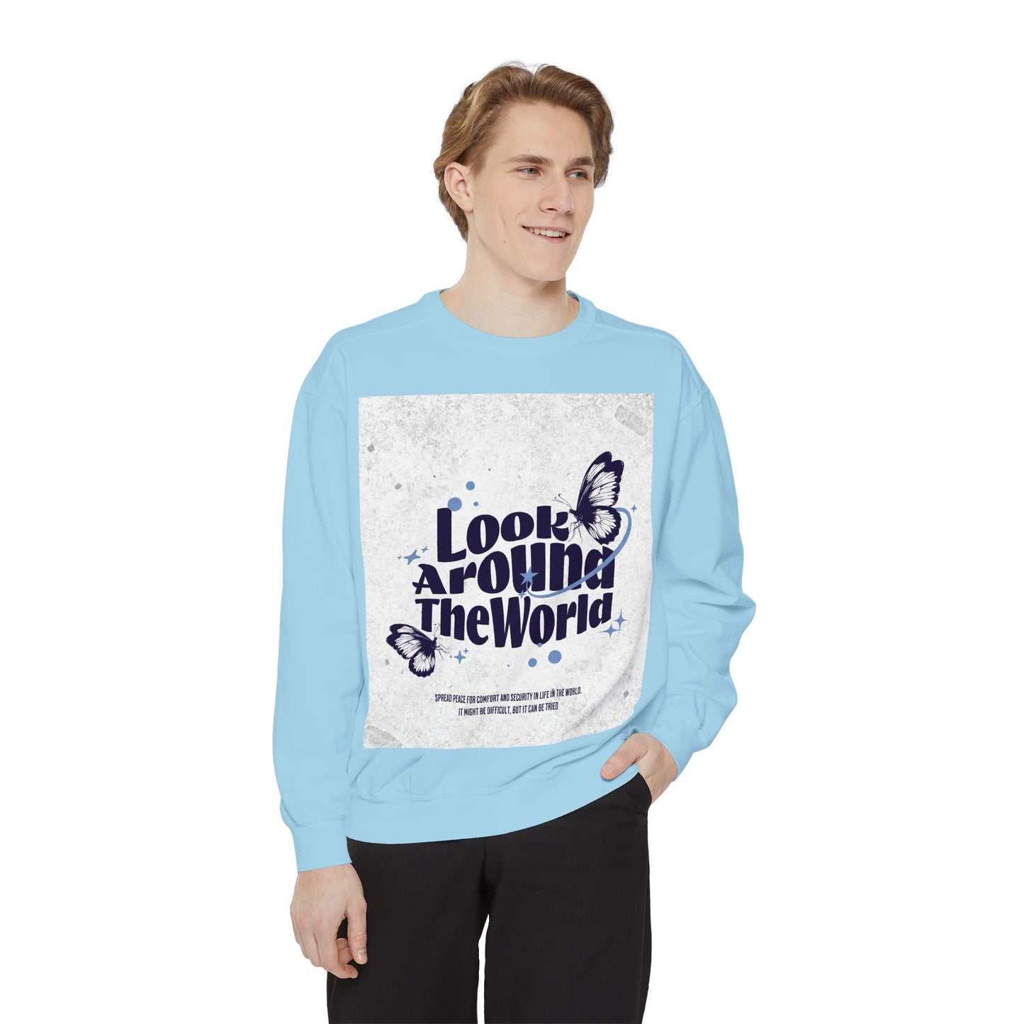 Garment-Dyed Sweatshirt featuring "Look Around the World" - Cozy Unisex Apparel, Perfect for Everyday Wear, Travel Lovers, Gift for [...]