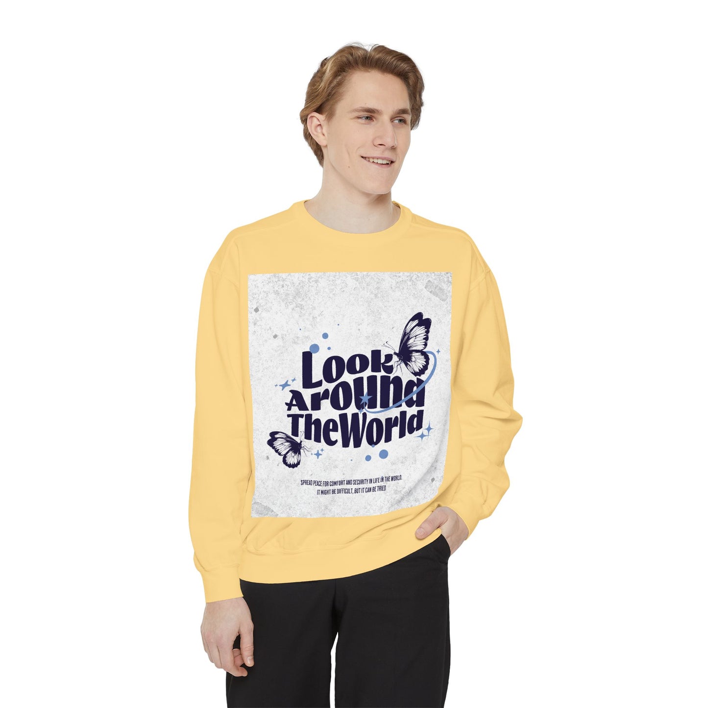 Garment-Dyed Sweatshirt featuring "Look Around the World" - Cozy Unisex Apparel, Perfect for Everyday Wear, Travel Lovers, Gift for [...]