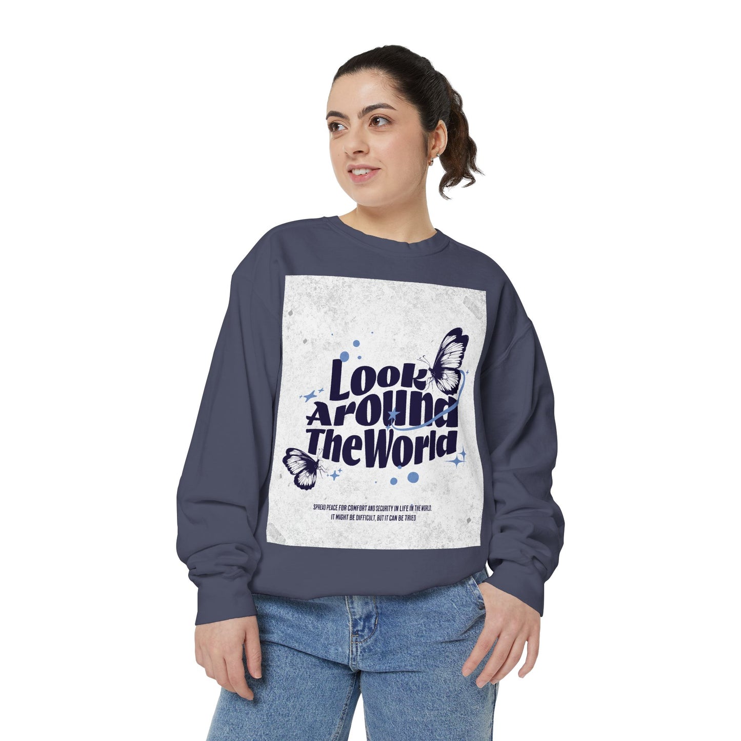 Garment-Dyed Sweatshirt featuring "Look Around the World" - Cozy Unisex Apparel, Perfect for Everyday Wear, Travel Lovers, Gift for [...]