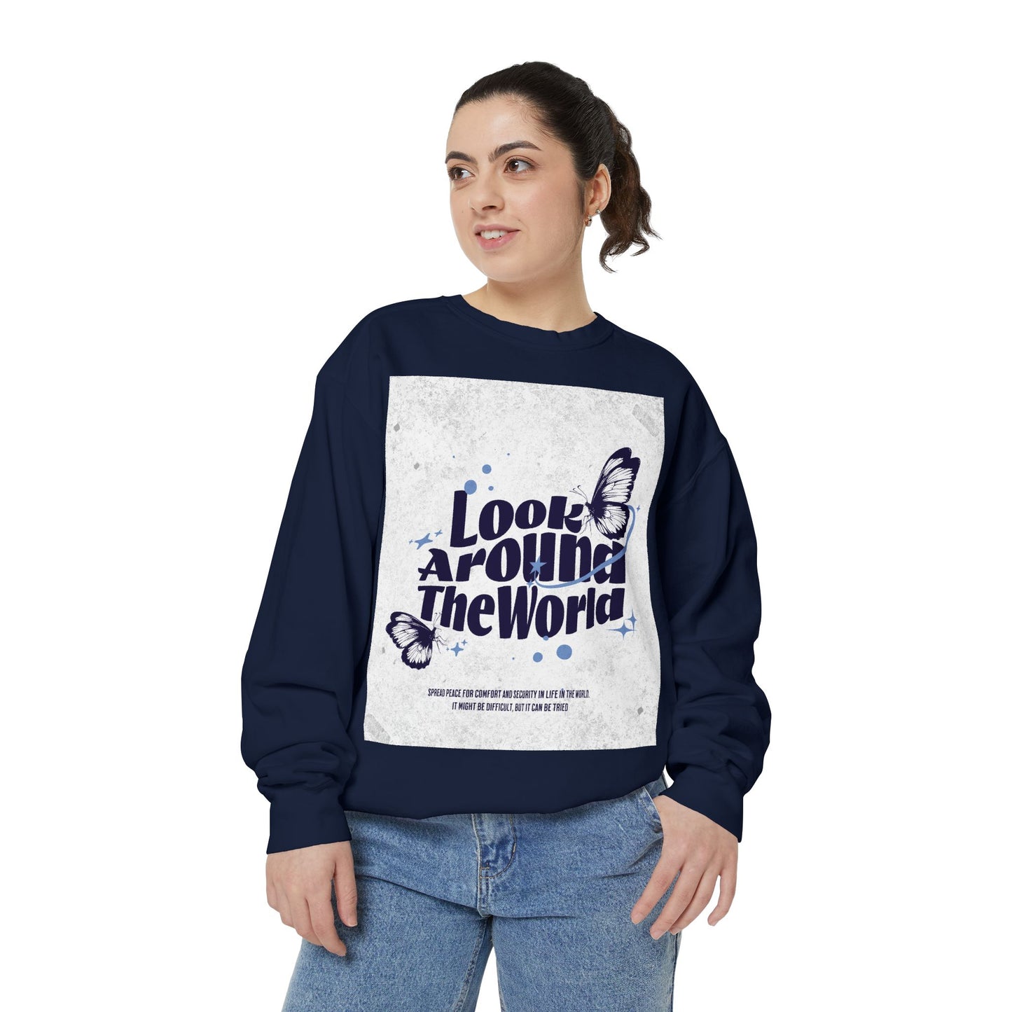 Garment-Dyed Sweatshirt featuring "Look Around the World" - Cozy Unisex Apparel, Perfect for Everyday Wear, Travel Lovers, Gift for [...]