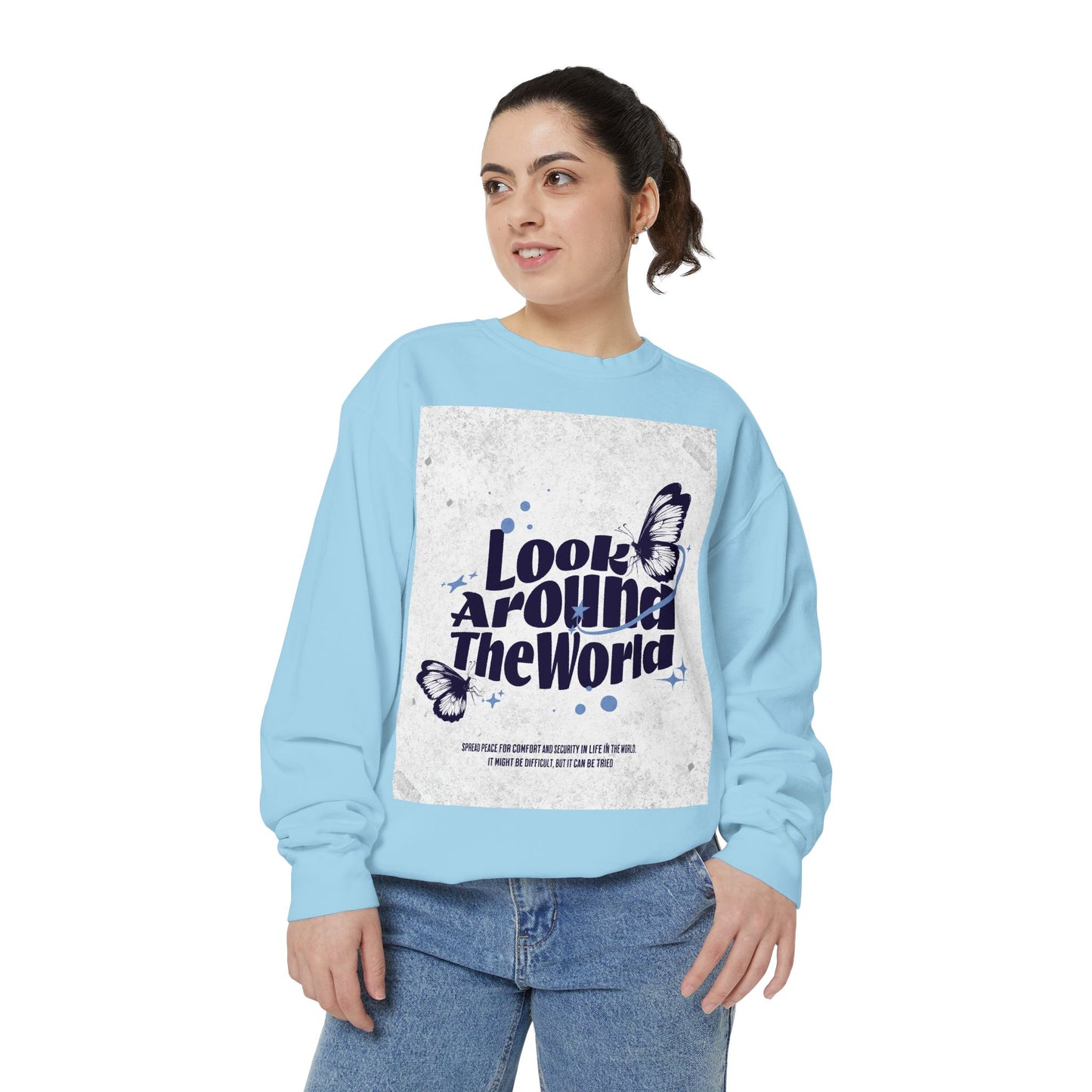 Garment-Dyed Sweatshirt featuring "Look Around the World" - Cozy Unisex Apparel, Perfect for Everyday Wear, Travel Lovers, Gift for [...]