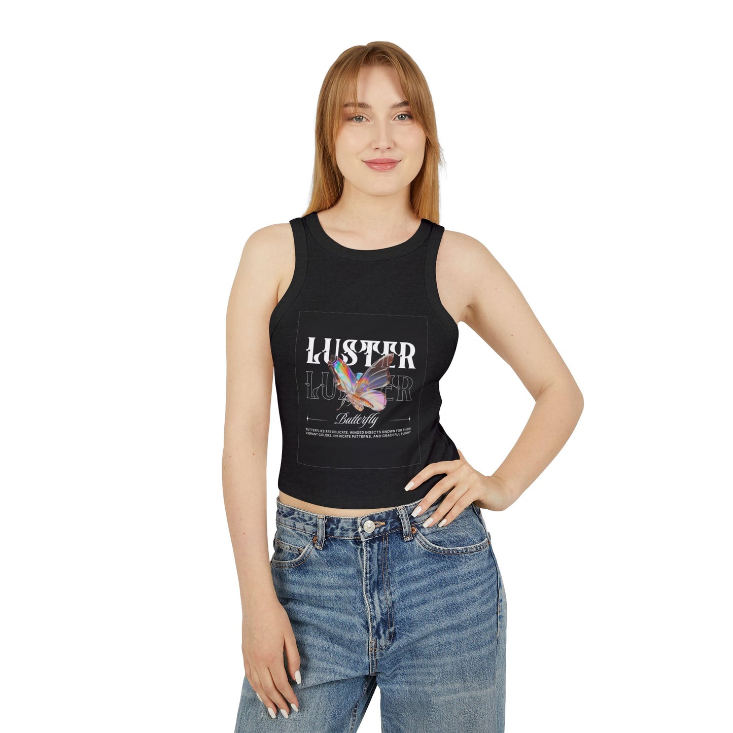 Luster Butterfly Racer Tank, Stylish Women's Crop Top, Summer Tank, Festival Wear, Casual Tank for Every Occasion