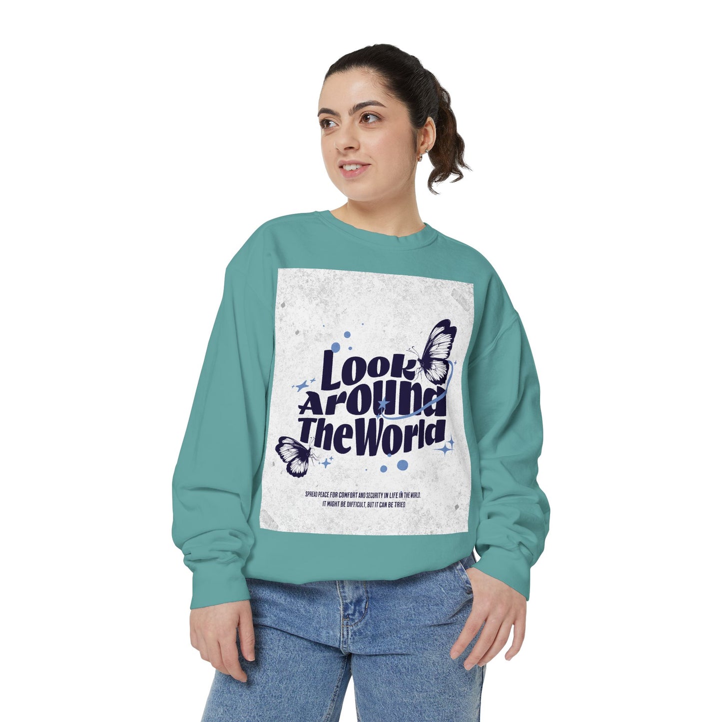Garment-Dyed Sweatshirt featuring "Look Around the World" - Cozy Unisex Apparel, Perfect for Everyday Wear, Travel Lovers, Gift for [...]