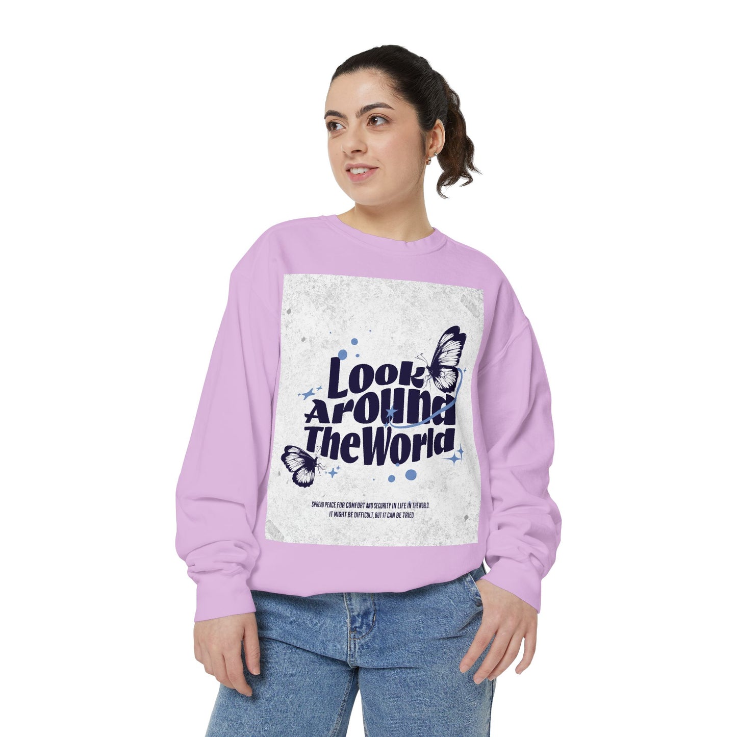 Garment-Dyed Sweatshirt featuring "Look Around the World" - Cozy Unisex Apparel, Perfect for Everyday Wear, Travel Lovers, Gift for [...]