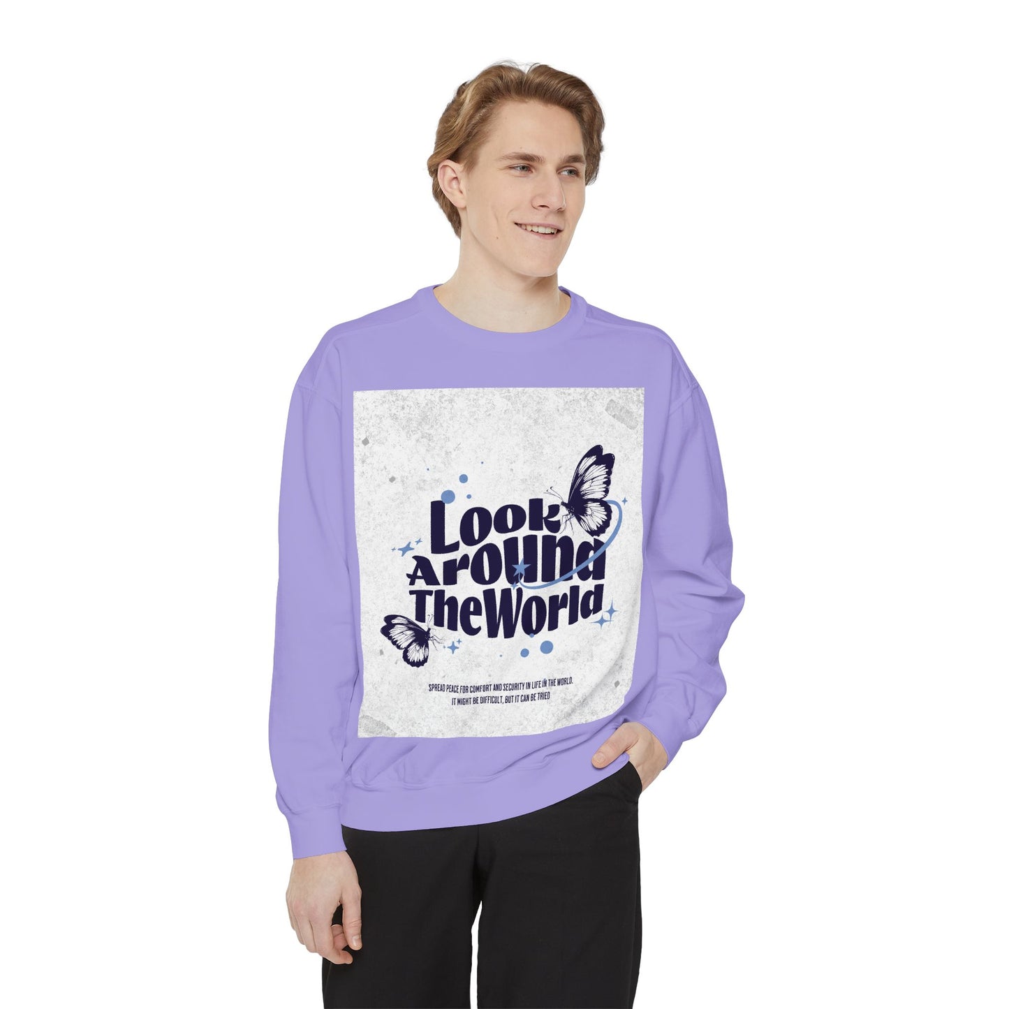 Garment-Dyed Sweatshirt featuring "Look Around the World" - Cozy Unisex Apparel, Perfect for Everyday Wear, Travel Lovers, Gift for [...]