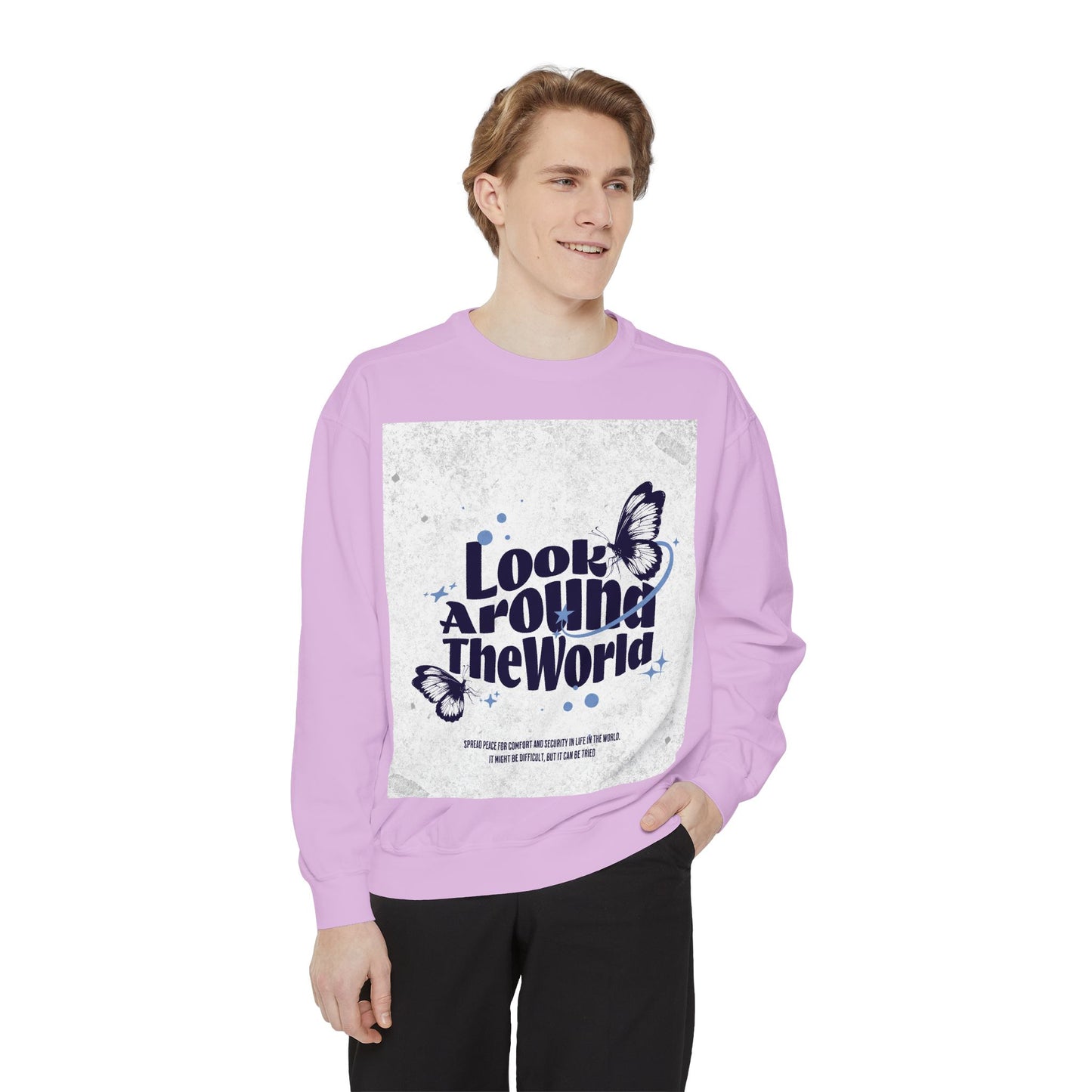 Garment-Dyed Sweatshirt featuring "Look Around the World" - Cozy Unisex Apparel, Perfect for Everyday Wear, Travel Lovers, Gift for [...]