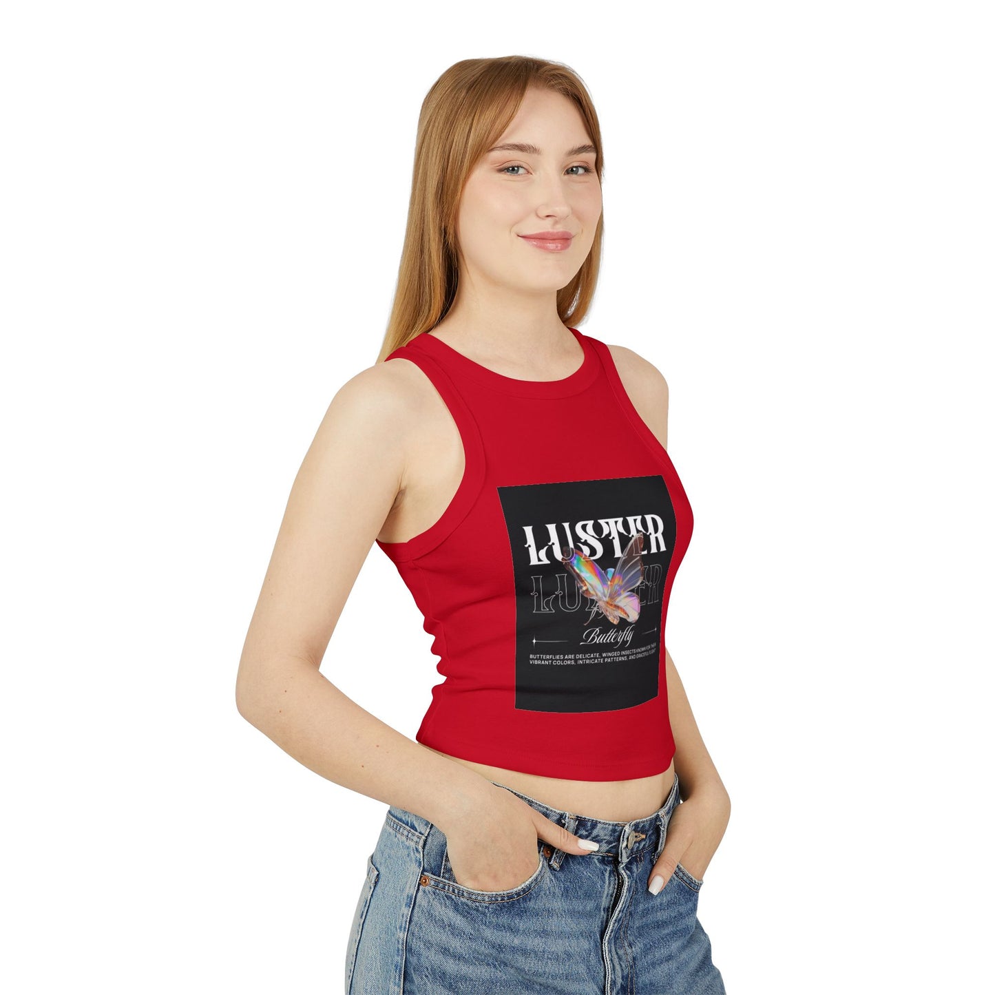 Luster Butterfly Racer Tank, Stylish Women's Crop Top, Summer Tank, Festival Wear, Casual Tank for Every Occasion