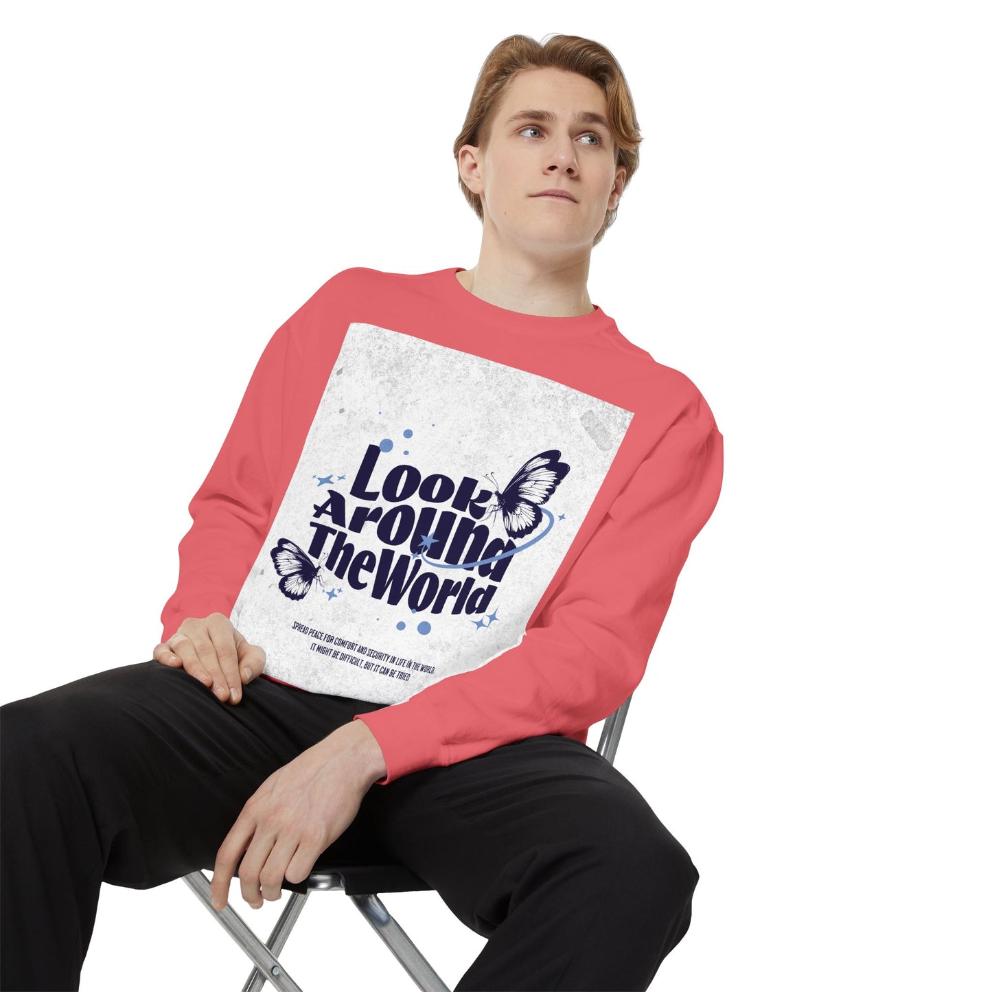 Garment-Dyed Sweatshirt featuring "Look Around the World" - Cozy Unisex Apparel, Perfect for Everyday Wear, Travel Lovers, Gift for [...]