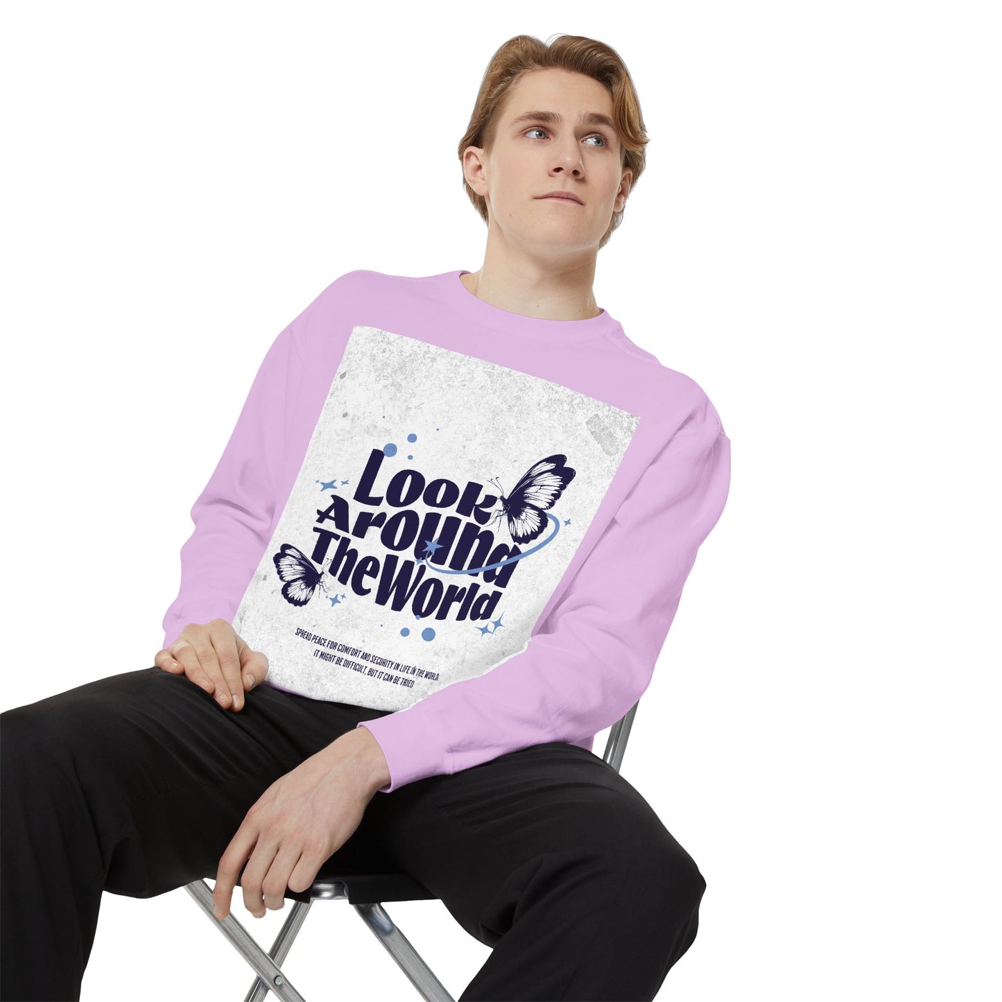 Garment-Dyed Sweatshirt featuring "Look Around the World" - Cozy Unisex Apparel, Perfect for Everyday Wear, Travel Lovers, Gift for [...]