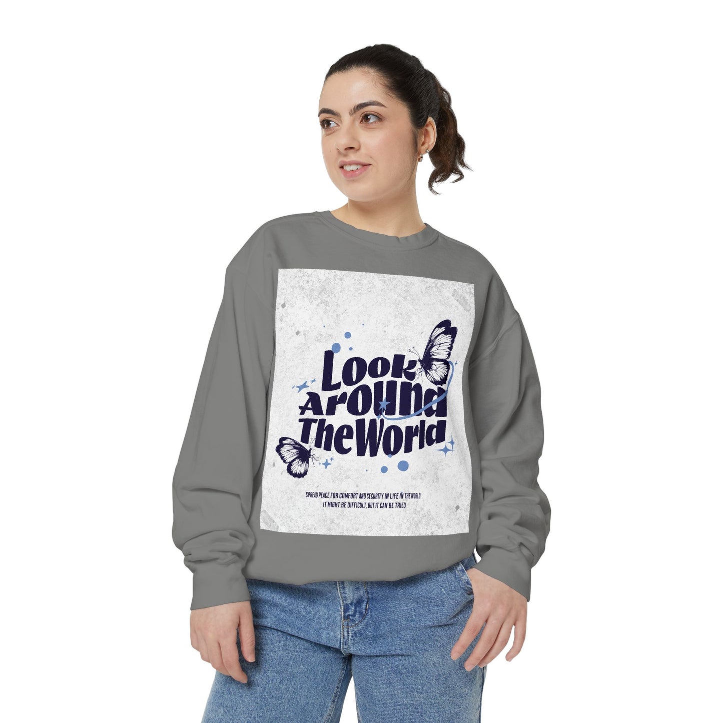 Garment-Dyed Sweatshirt featuring "Look Around the World" - Cozy Unisex Apparel, Perfect for Everyday Wear, Travel Lovers, Gift for [...]
