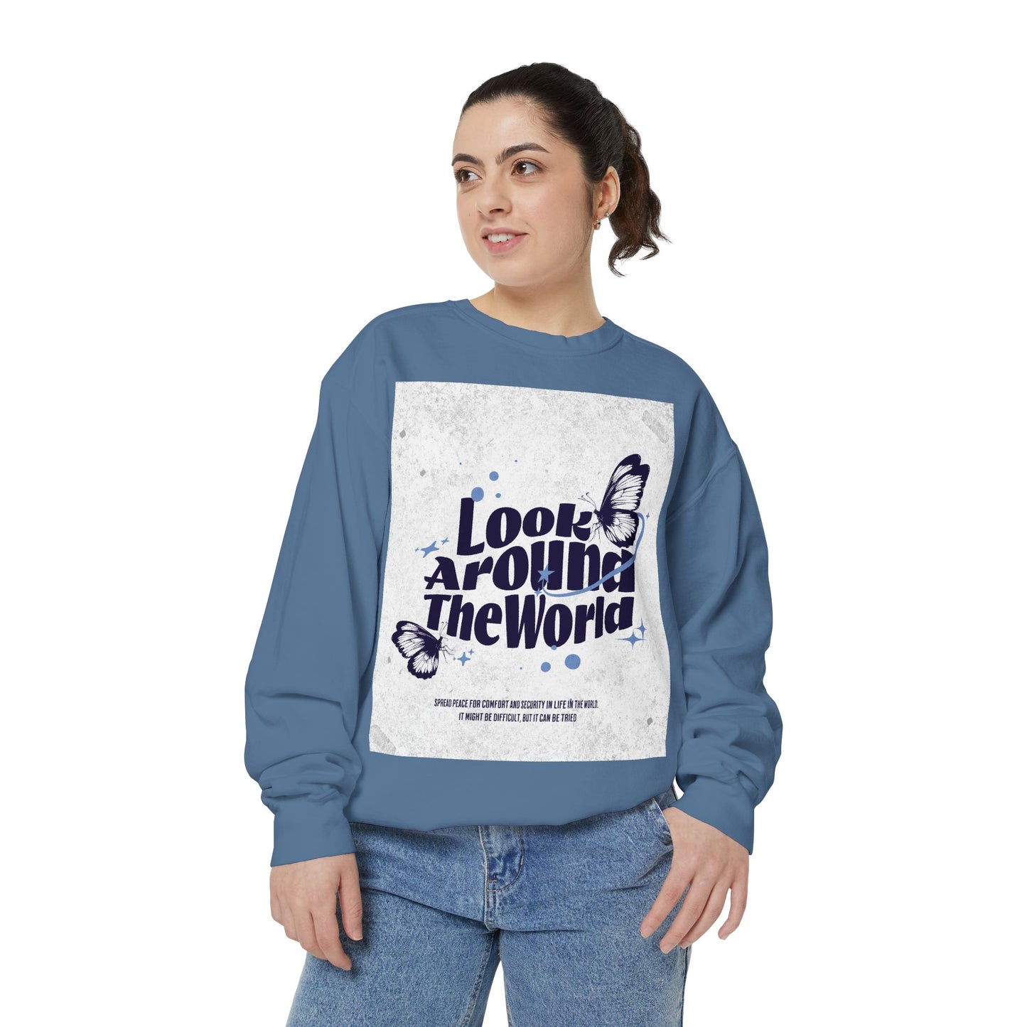 Garment-Dyed Sweatshirt featuring "Look Around the World" - Cozy Unisex Apparel, Perfect for Everyday Wear, Travel Lovers, Gift for [...]