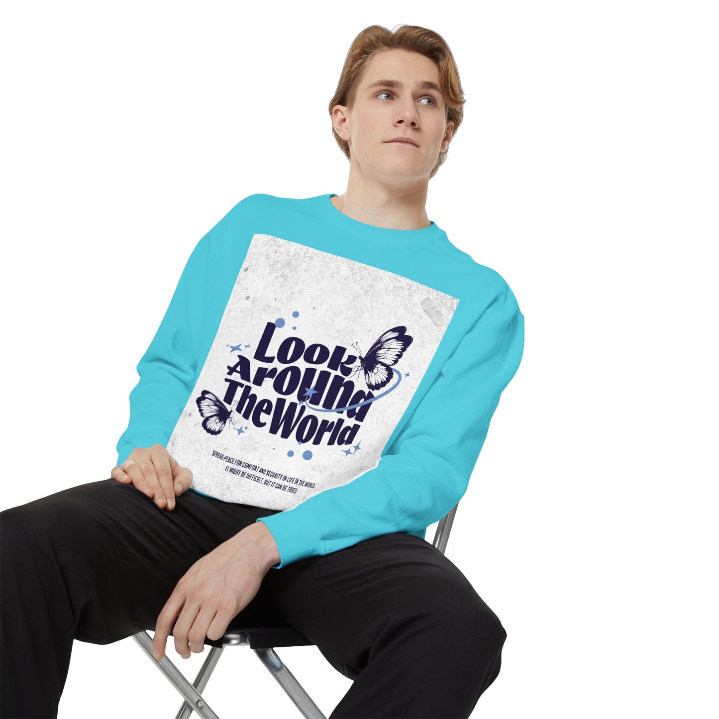 Garment-Dyed Sweatshirt featuring "Look Around the World" - Cozy Unisex Apparel, Perfect for Everyday Wear, Travel Lovers, Gift for [...]
