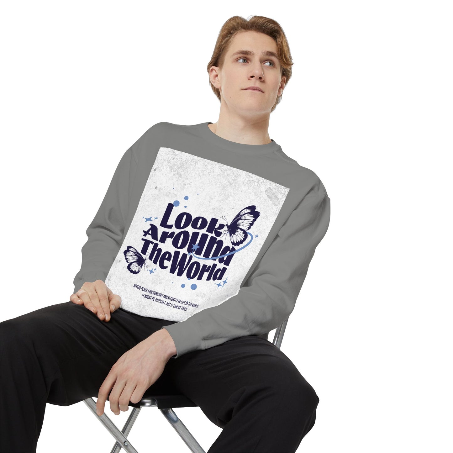 Garment-Dyed Sweatshirt featuring "Look Around the World" - Cozy Unisex Apparel, Perfect for Everyday Wear, Travel Lovers, Gift for [...]