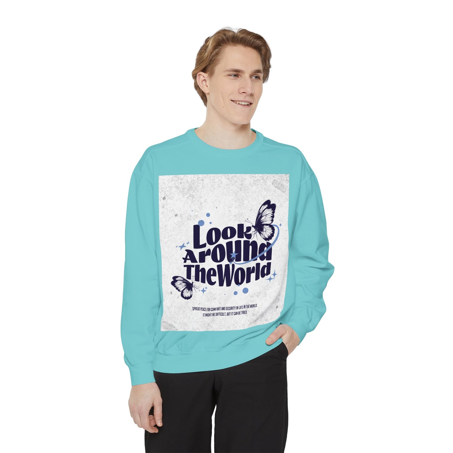Garment-Dyed Sweatshirt featuring "Look Around the World" - Cozy Unisex Apparel, Perfect for Everyday Wear, Travel Lovers, Gift for [...]