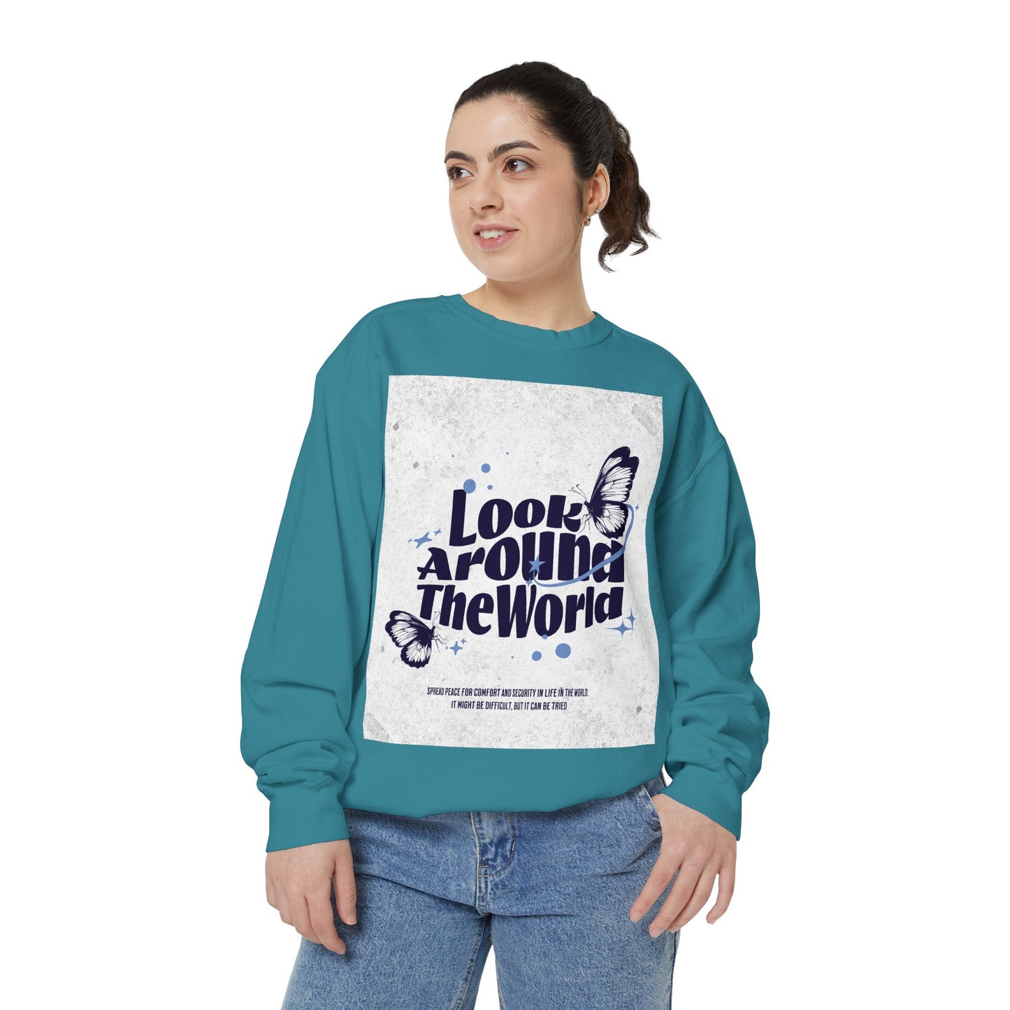 Garment-Dyed Sweatshirt featuring "Look Around the World" - Cozy Unisex Apparel, Perfect for Everyday Wear, Travel Lovers, Gift for [...]