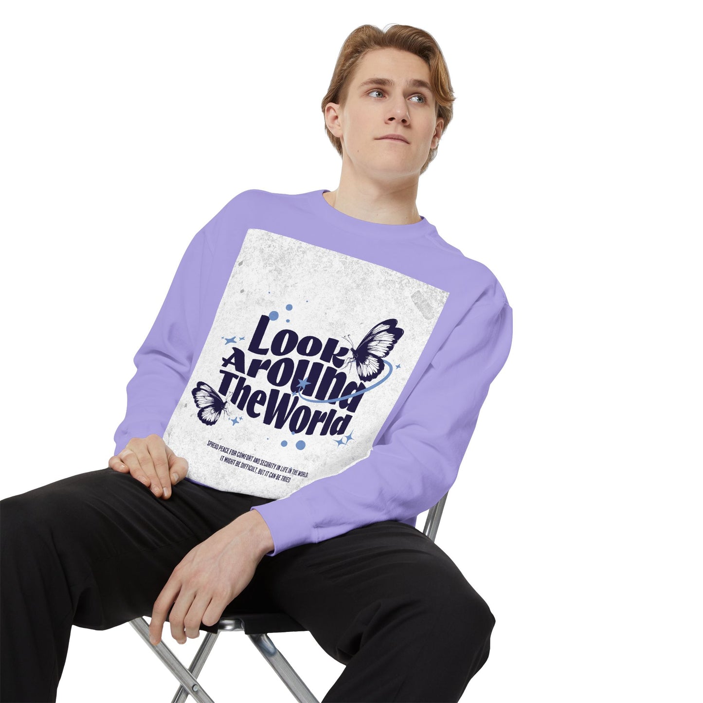 Garment-Dyed Sweatshirt featuring "Look Around the World" - Cozy Unisex Apparel, Perfect for Everyday Wear, Travel Lovers, Gift for [...]