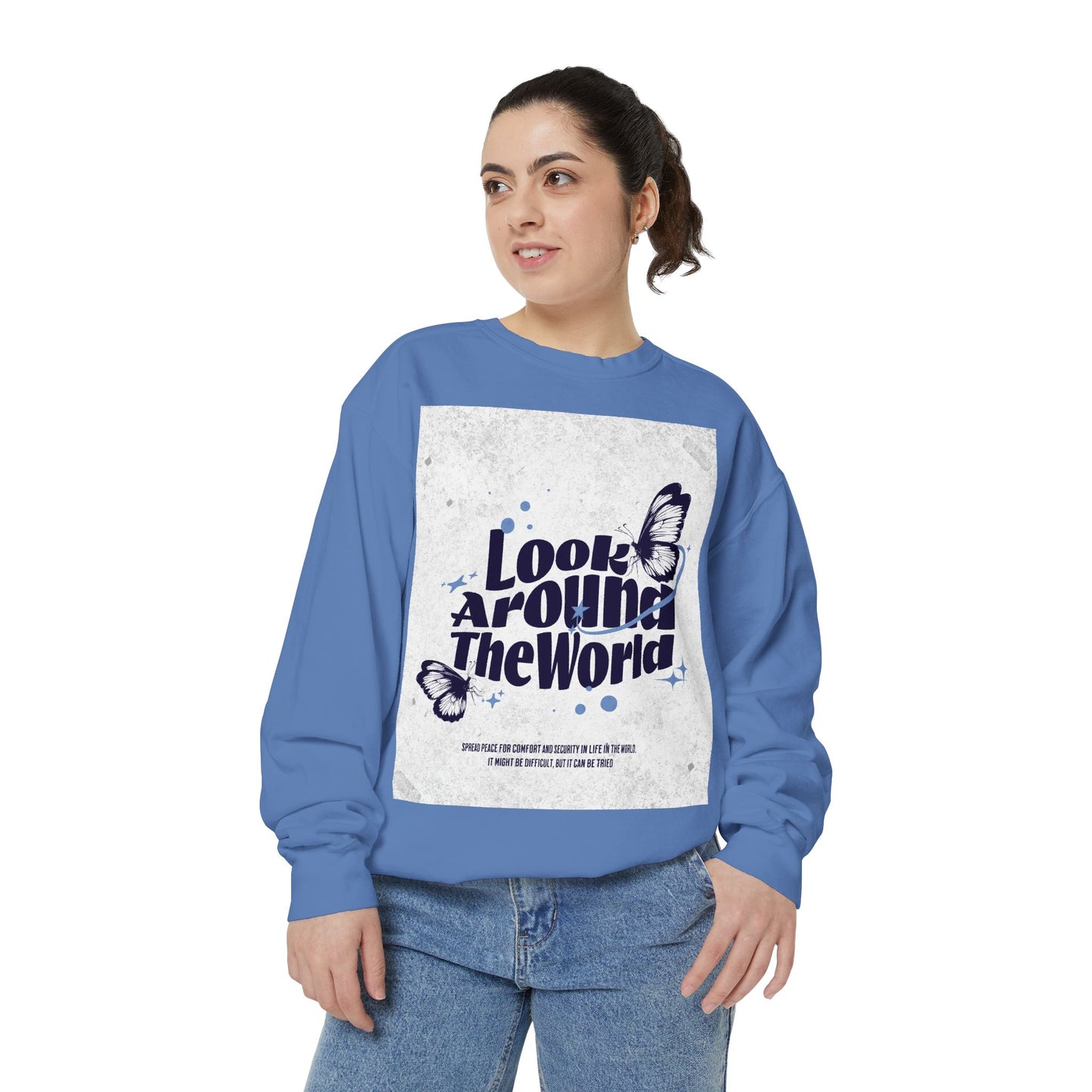 Garment-Dyed Sweatshirt featuring "Look Around the World" - Cozy Unisex Apparel, Perfect for Everyday Wear, Travel Lovers, Gift for [...]
