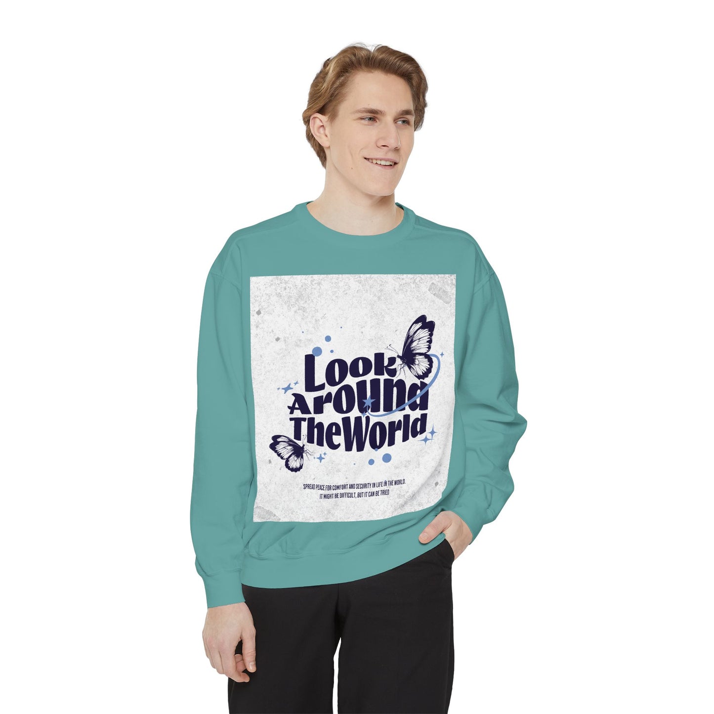 Garment-Dyed Sweatshirt featuring "Look Around the World" - Cozy Unisex Apparel, Perfect for Everyday Wear, Travel Lovers, Gift for [...]