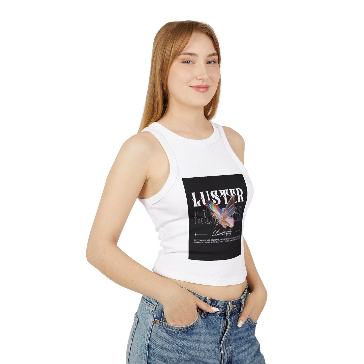 Luster Butterfly Racer Tank, Stylish Women's Crop Top, Summer Tank, Festival Wear, Casual Tank for Every Occasion